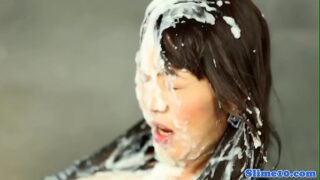 Asian beauty Hot babe drenched in loads of hot jizz